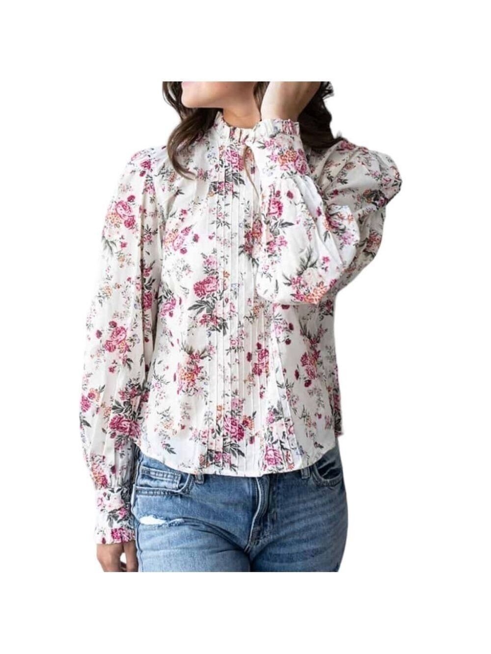 Olivaceous Floral Cotton Long Sleeve Ruffle Neck Fitted Top Blouse